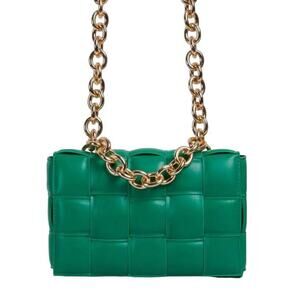 Green Faux Leather Quilted Shoulder Bag Gold Chain Detail